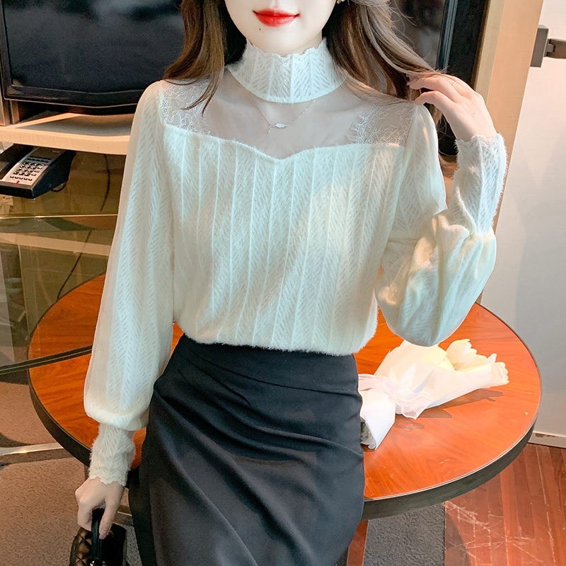 Splice lace shirts hairy bottoming shirt for women