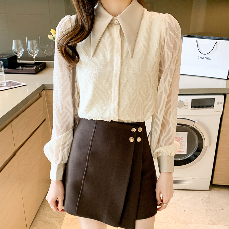 Jacquard long sleeve shirt inside the ride tops for women