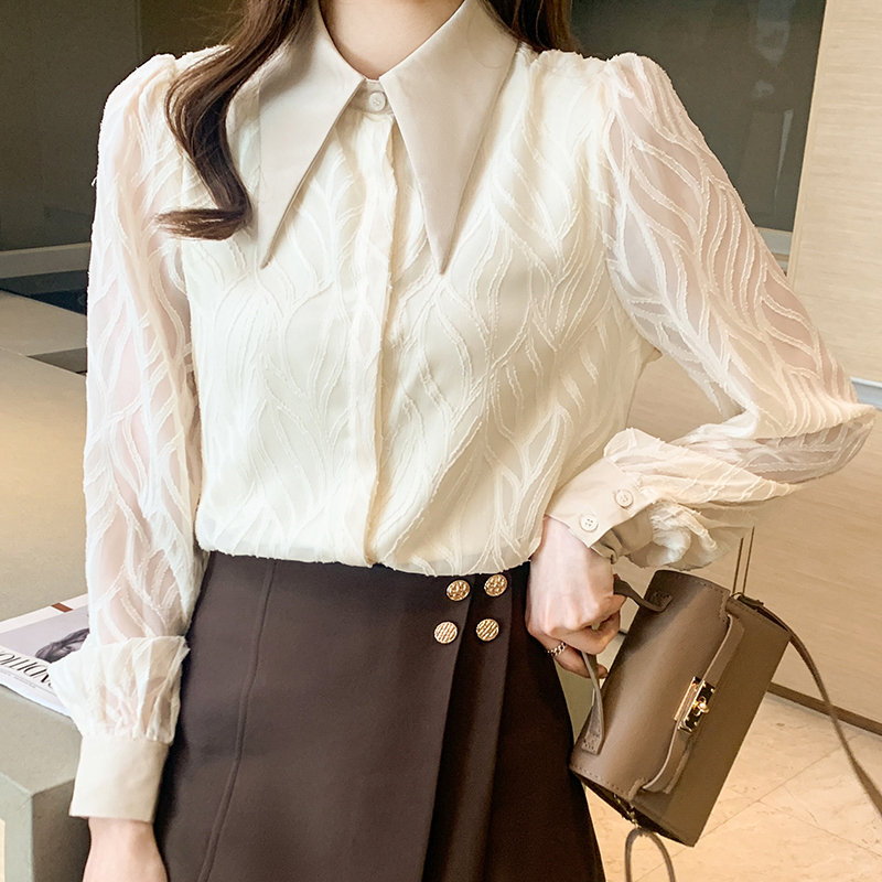 Jacquard long sleeve shirt inside the ride tops for women