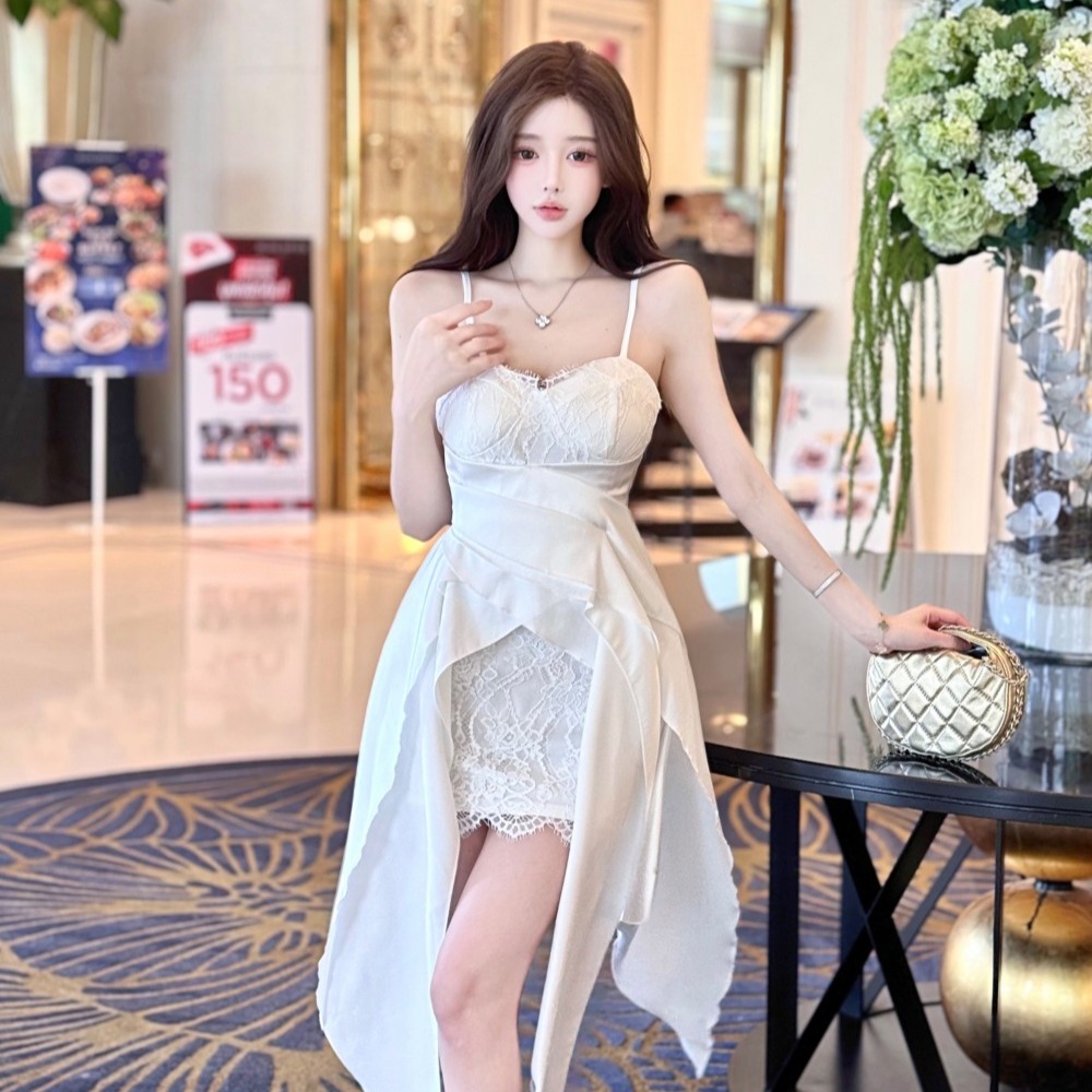 Lace low collar slim spicegirl sling splice dress