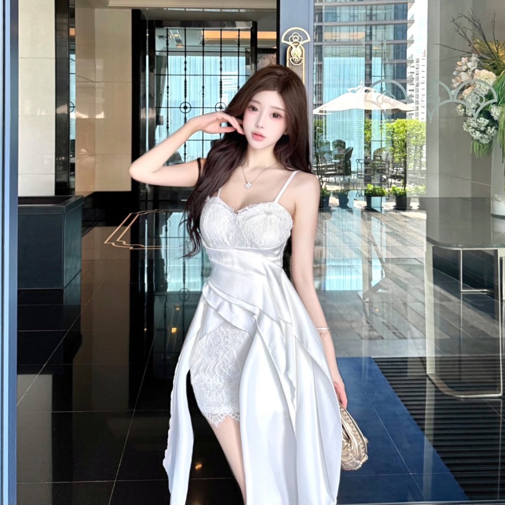 Lace low collar slim spicegirl sling splice dress