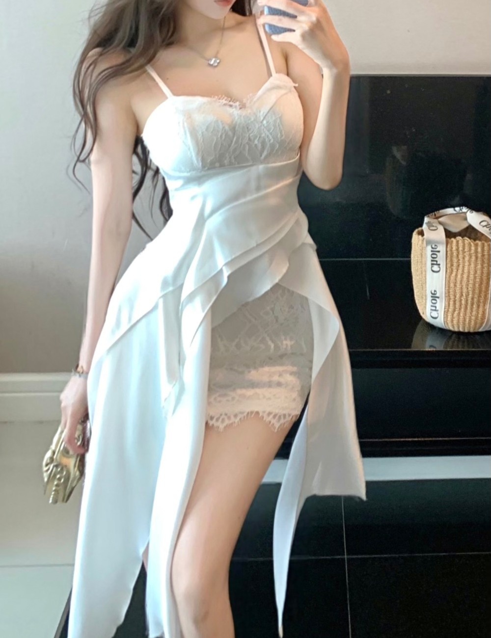 Lace low collar slim spicegirl sling splice dress