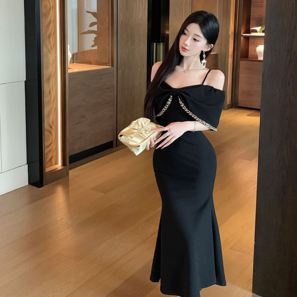 Slim black mermaid formal dress beading temperament dress