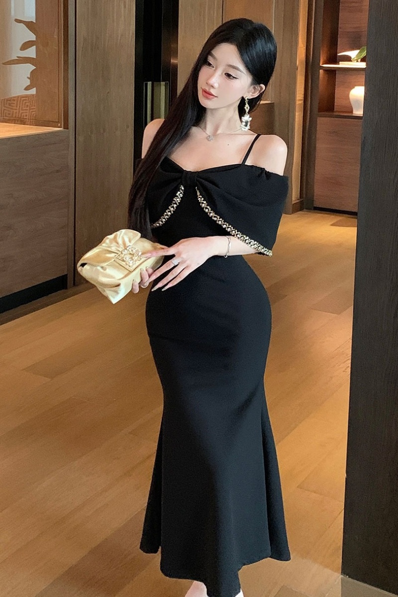 Slim black mermaid formal dress beading temperament dress
