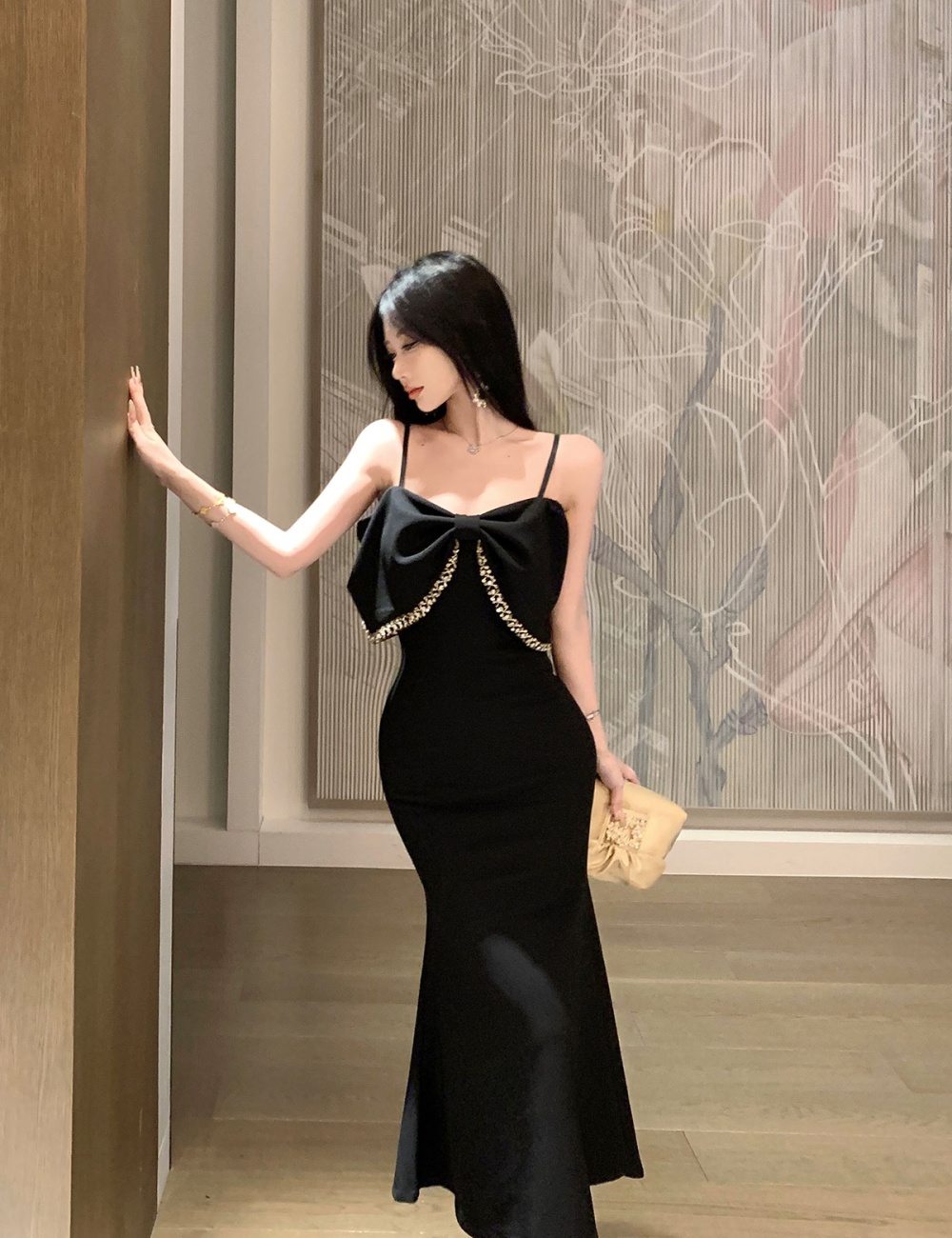 Slim black mermaid formal dress beading temperament dress