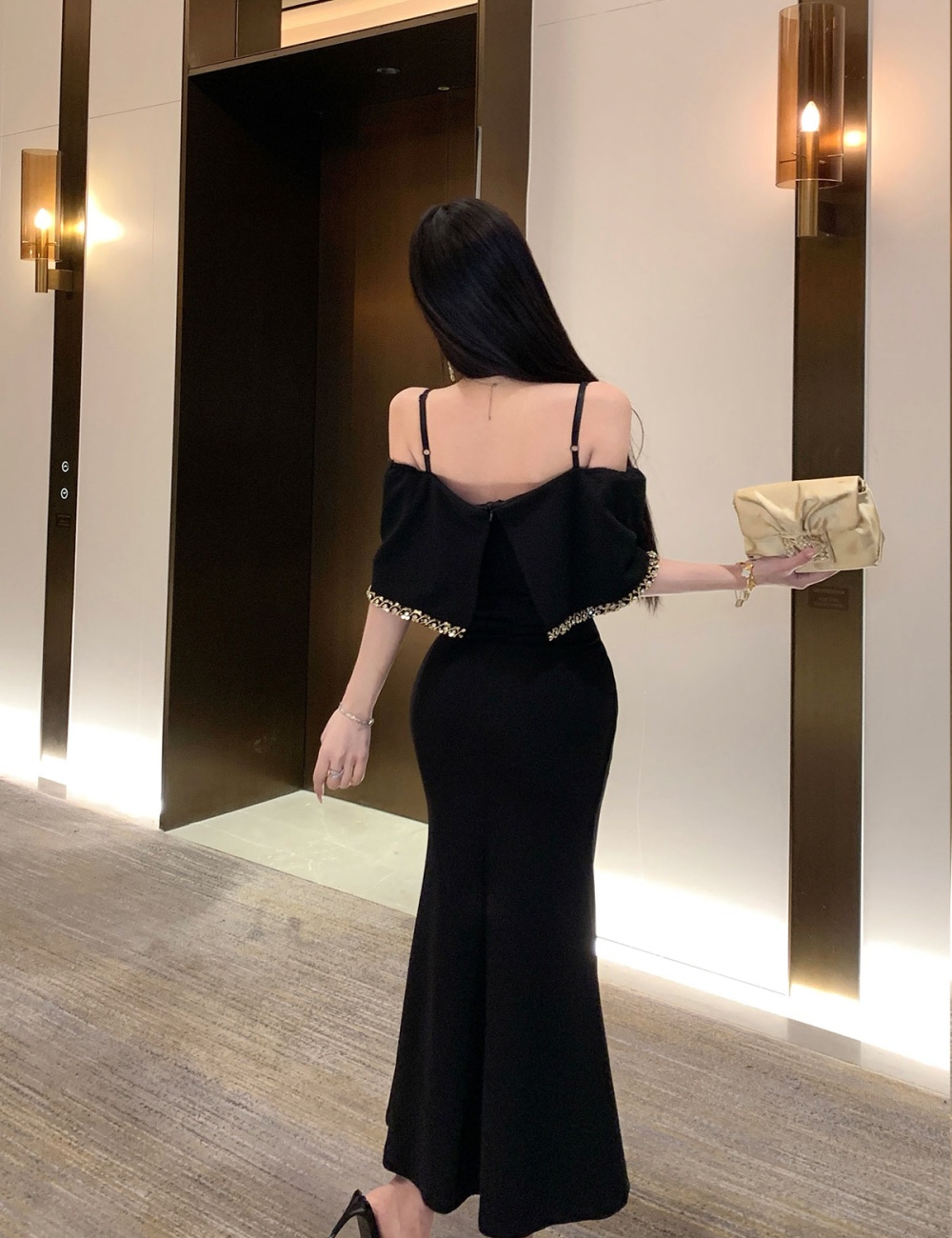 Slim black mermaid formal dress beading temperament dress