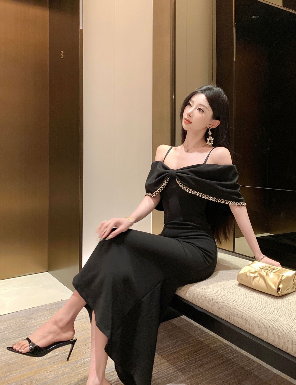 Slim black mermaid formal dress beading temperament dress