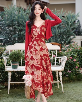 Printing floral cardigan summer irregular dress a set