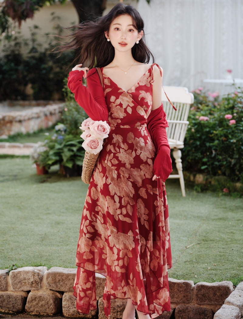 Printing floral cardigan summer irregular dress a set