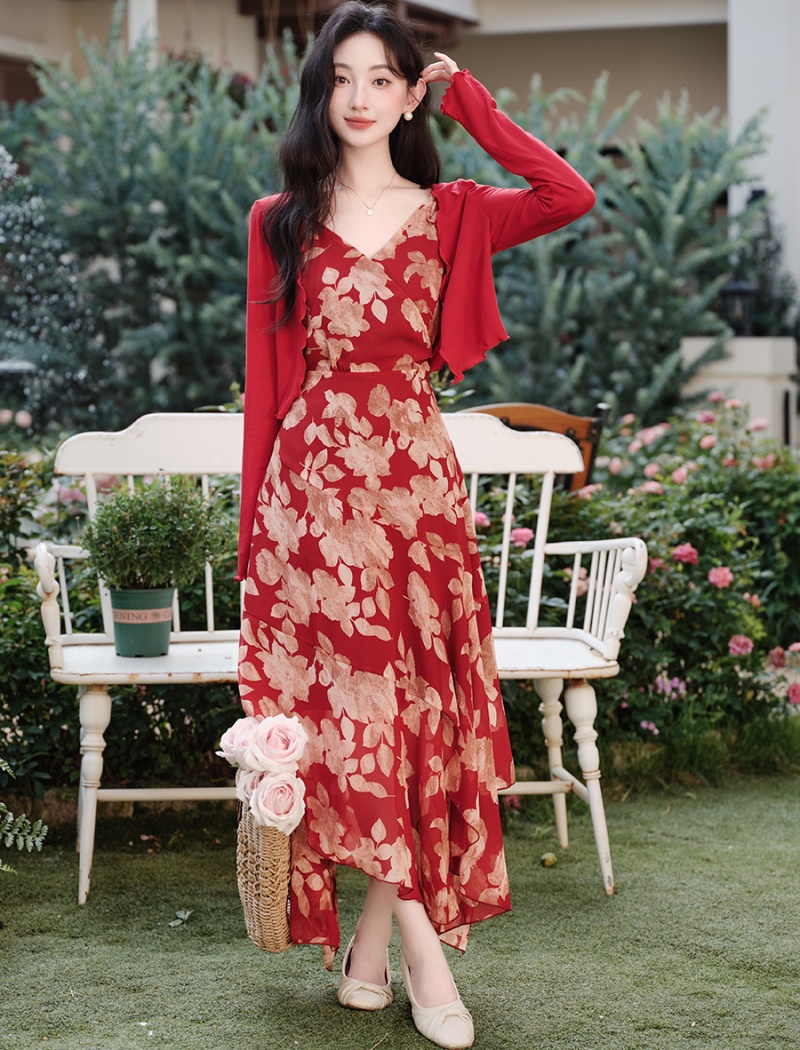 Printing floral cardigan summer irregular dress a set