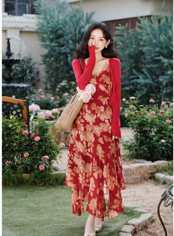 Printing floral cardigan summer irregular dress a set