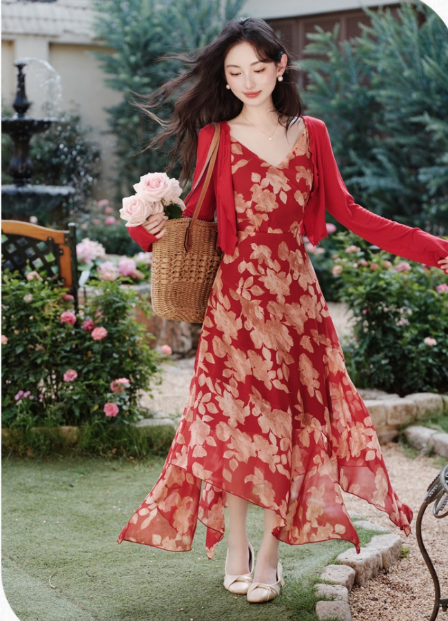 Printing floral cardigan summer irregular dress a set