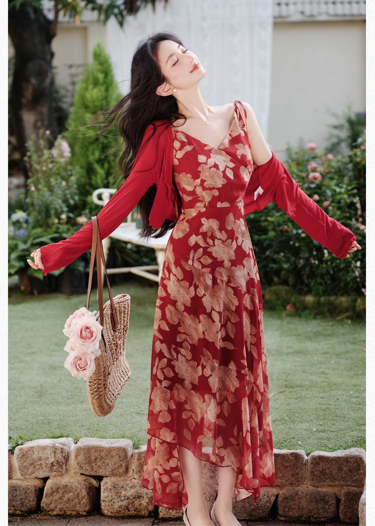 Printing floral cardigan summer irregular dress a set