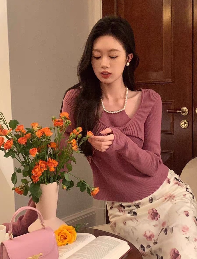 Sexy pearl Pseudo-two sweater autumn long sleeve tops