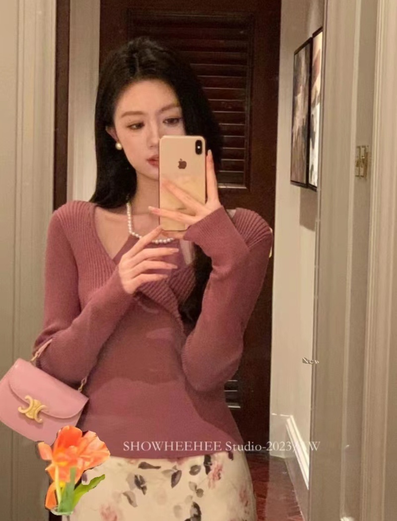 Sexy pearl Pseudo-two sweater autumn long sleeve tops