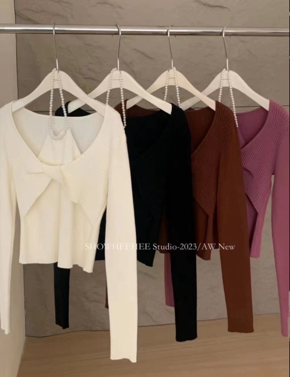 Sexy pearl Pseudo-two sweater autumn long sleeve tops
