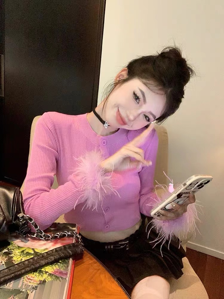 Slim short long sleeve cardigan pink spicegirl tops for women