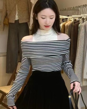 Long sleeve niche slim sweater high collar stripe tops