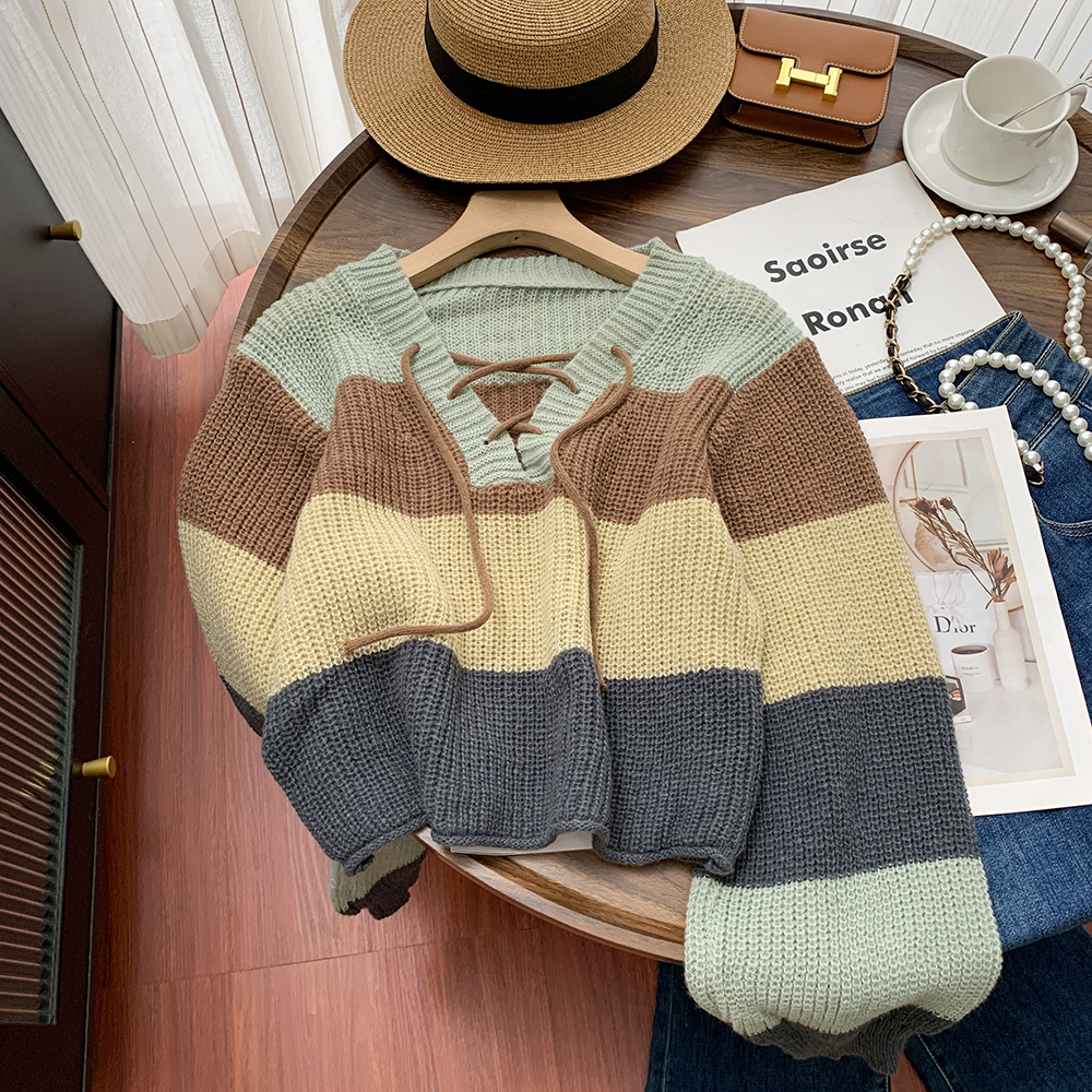 Retro frenum V-neck slim bottoming shirt stripe short knitted tops