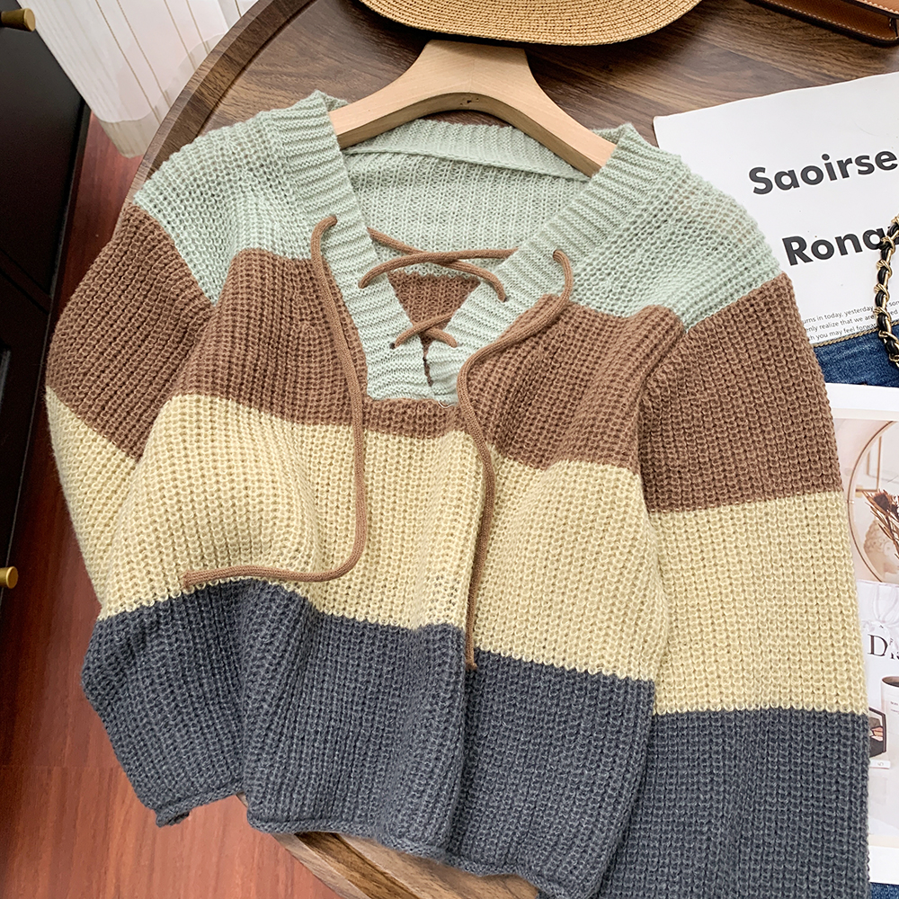 Retro frenum V-neck slim bottoming shirt stripe short knitted tops