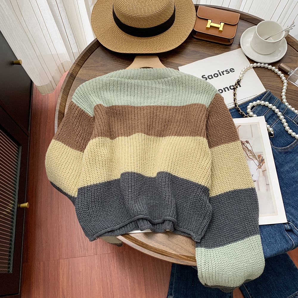 Retro frenum V-neck slim bottoming shirt stripe short knitted tops