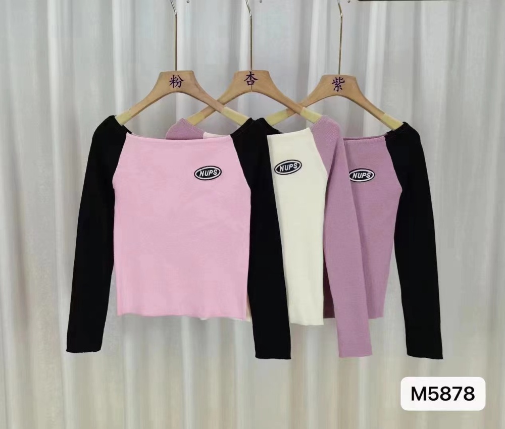 Sexy clavicle slim flat shoulder long sleeve tops for women