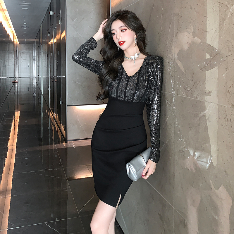 Autumn temperament package hip splice elegant V-neck dress