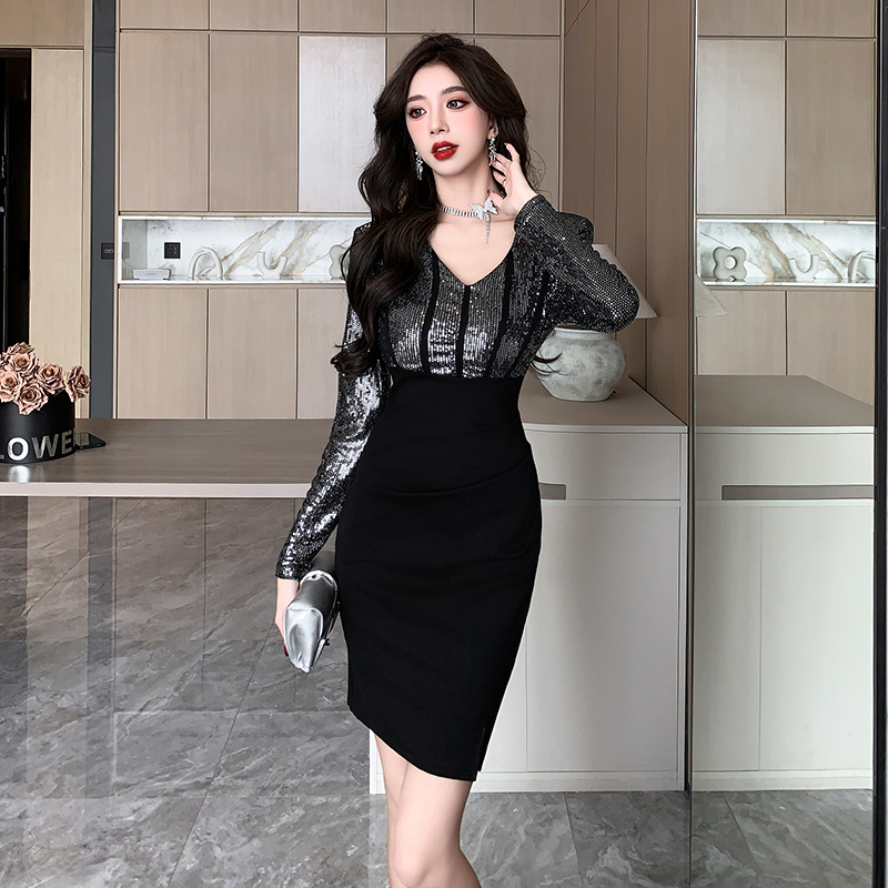Autumn temperament package hip splice elegant V-neck dress