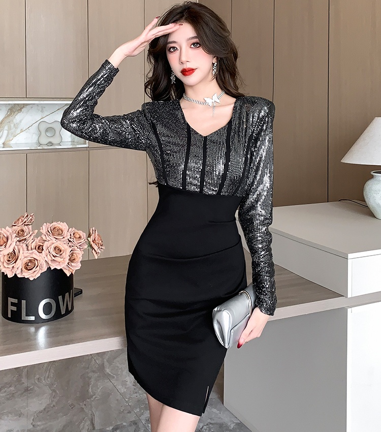 Autumn temperament package hip splice elegant V-neck dress