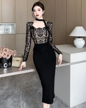 Autumn slim splice France style ladies lace dress