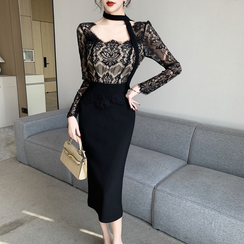 Autumn slim splice France style ladies lace dress