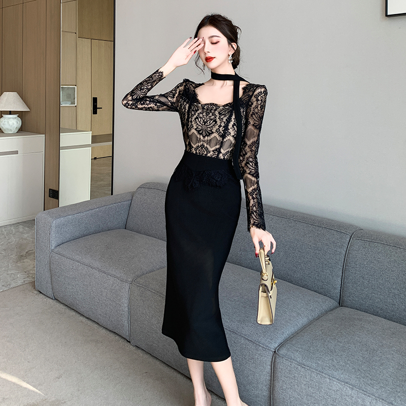Autumn slim splice France style ladies lace dress