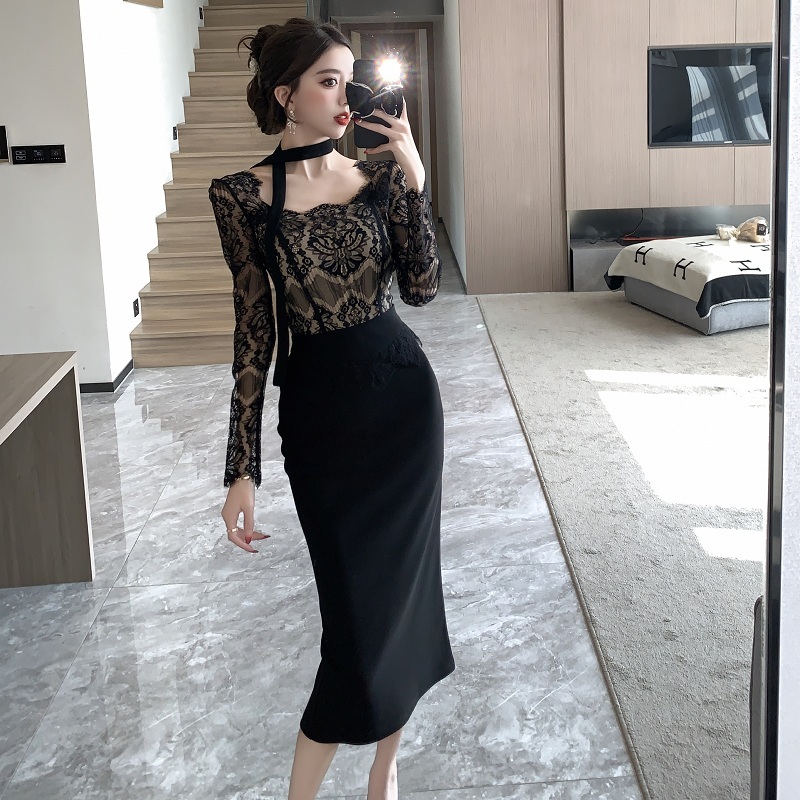 Autumn slim splice France style ladies lace dress