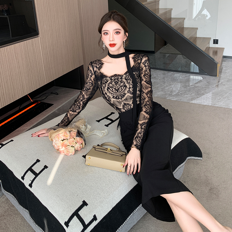 Autumn slim splice France style ladies lace dress