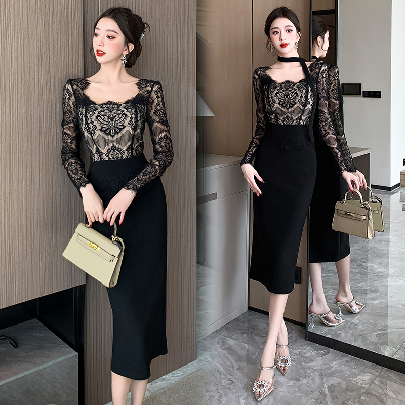 Autumn slim splice France style ladies lace dress