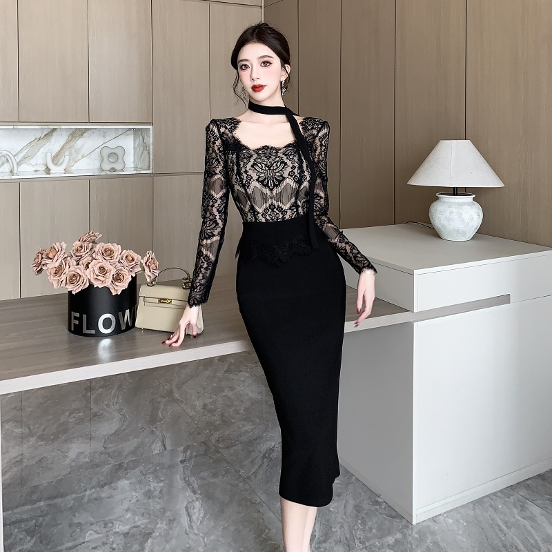 Autumn slim splice France style ladies lace dress