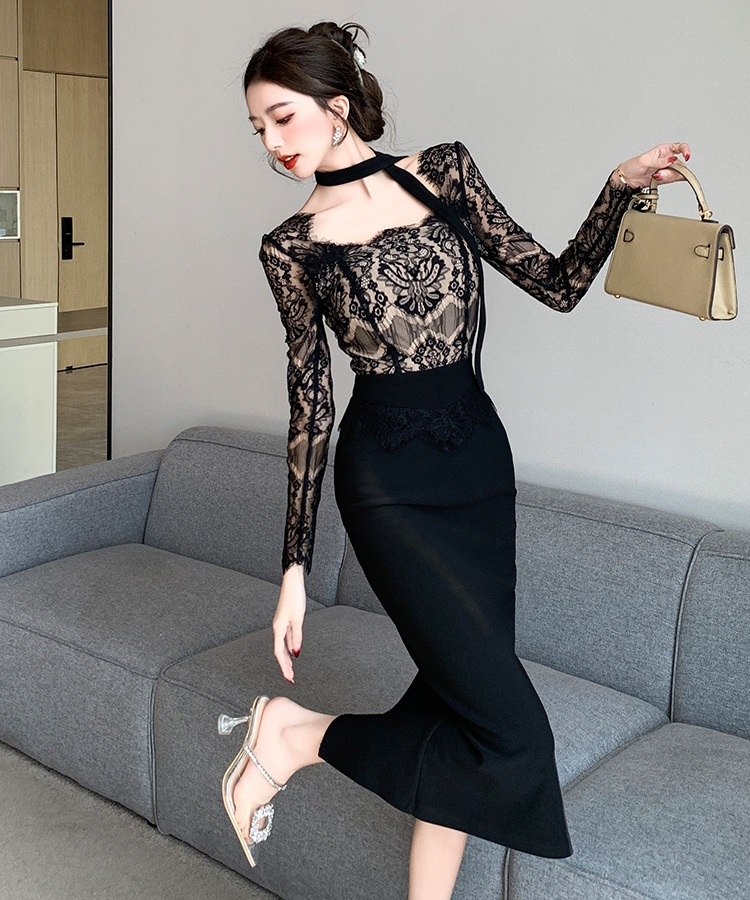 Autumn slim splice France style ladies lace dress