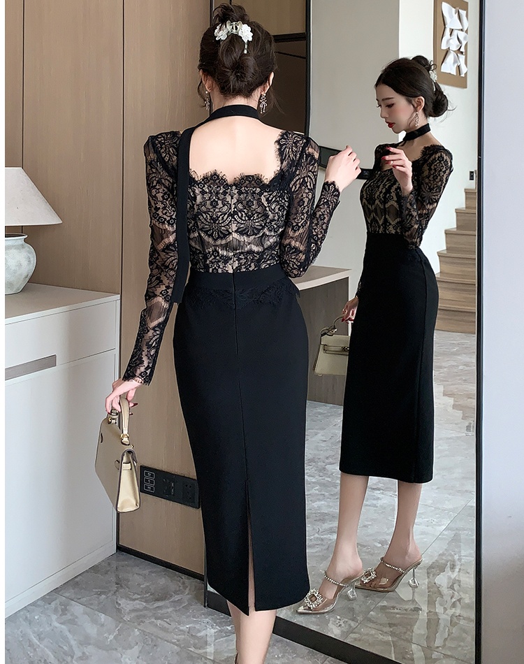Autumn slim splice France style ladies lace dress