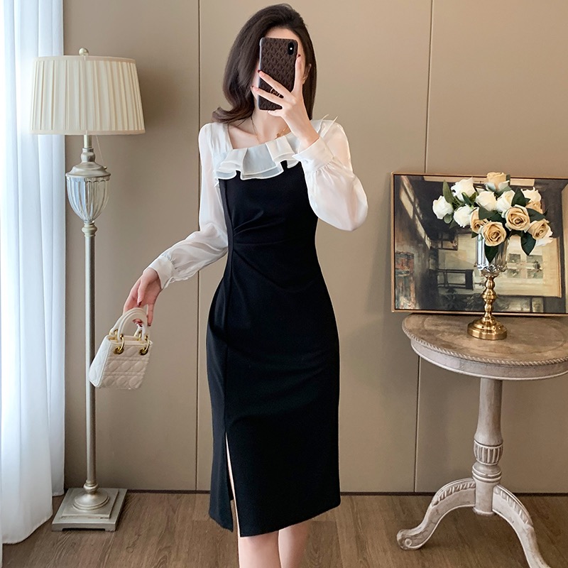 Oblique collar formal dress dress