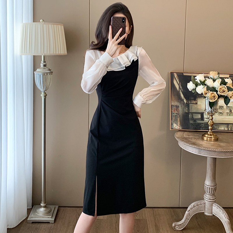 Oblique collar formal dress dress