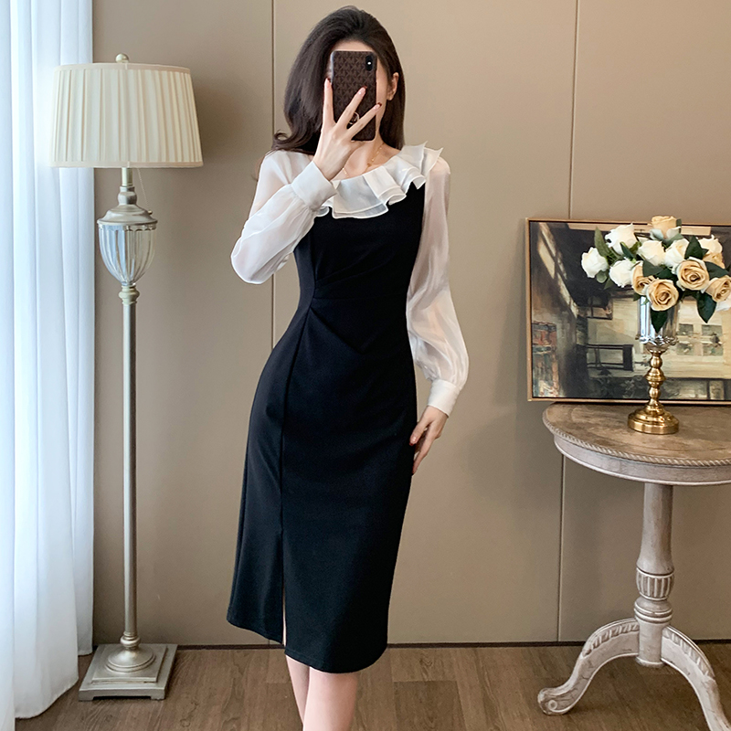 Oblique collar formal dress dress