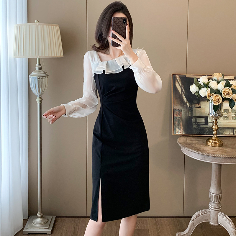 Oblique collar formal dress dress