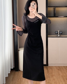Splice France style Pseudo-two long slim temperament dress