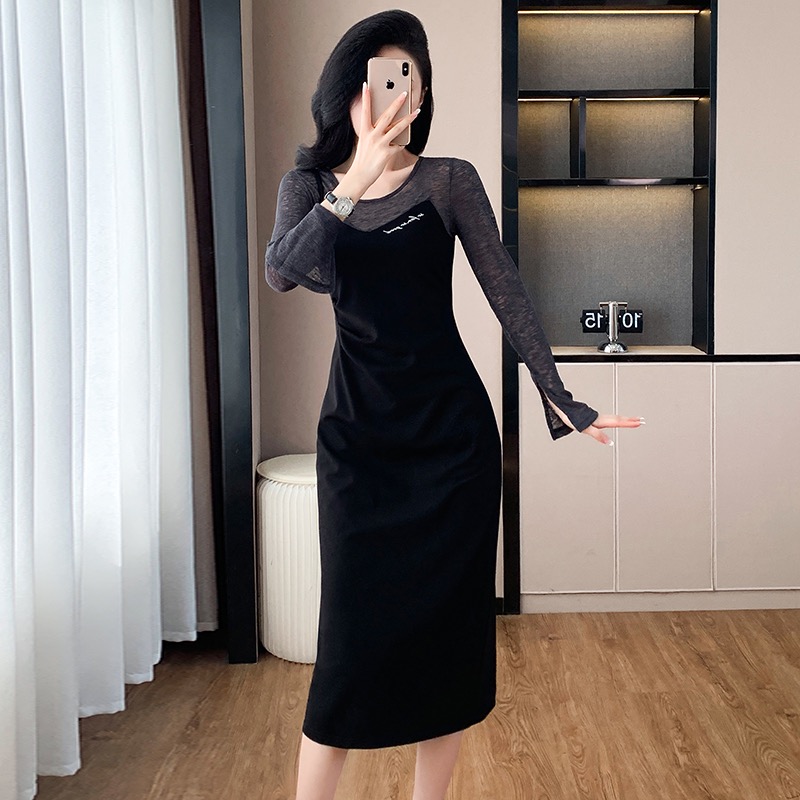 Splice France style Pseudo-two long slim temperament dress