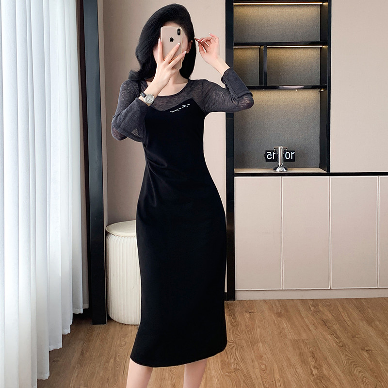 Splice France style Pseudo-two long slim temperament dress