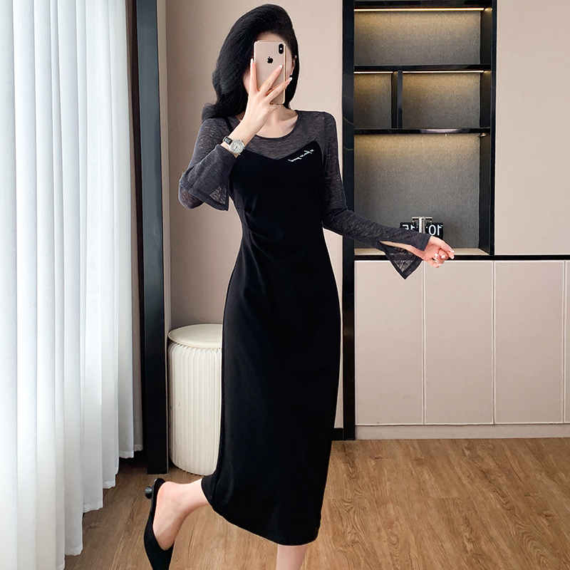 Splice France style Pseudo-two long slim temperament dress