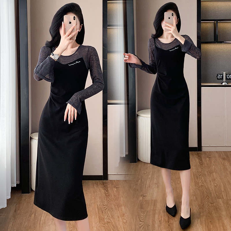 Splice France style Pseudo-two long slim temperament dress