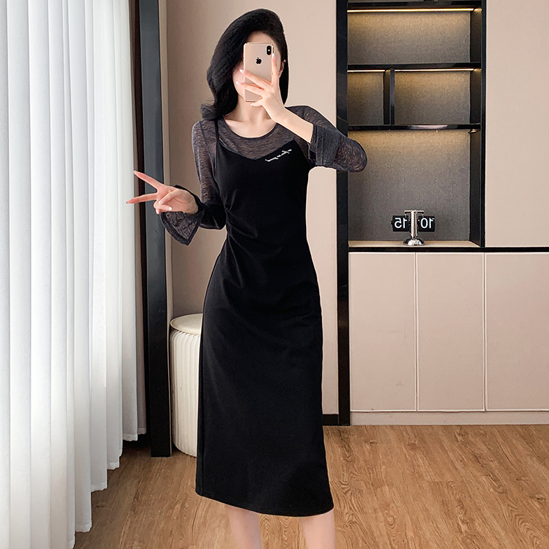 Splice France style Pseudo-two long slim temperament dress