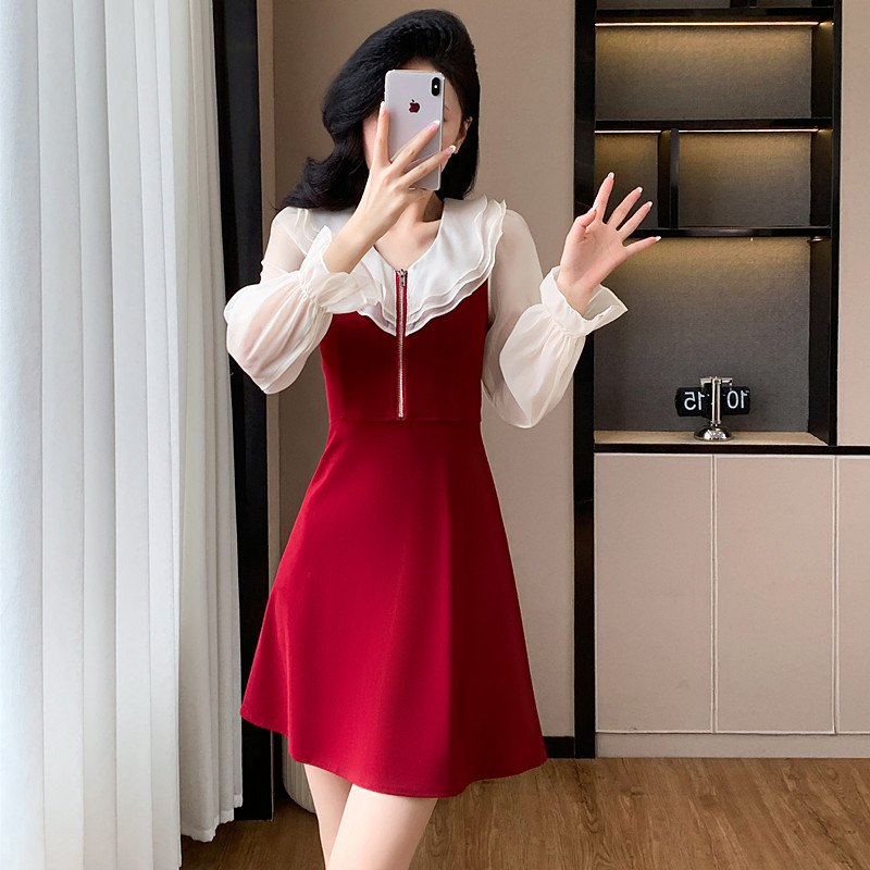 Sweet zip gauze A-line temperament autumn dress