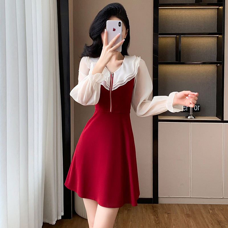 Sweet zip gauze A-line temperament autumn dress